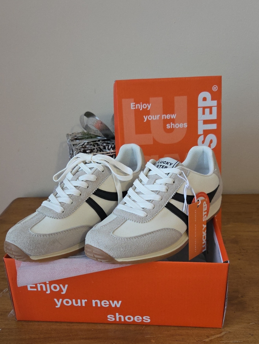 Women's Beige and Black Retro Runner Sneakers